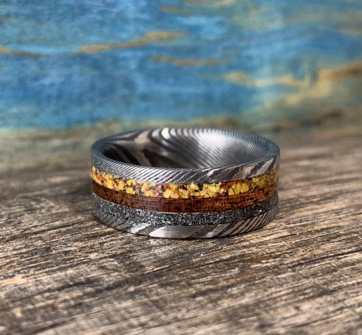 Damascus Steel Ring with Koa, Meteorite and Dinosaur Bone Inlay - Men's Wedding Band
