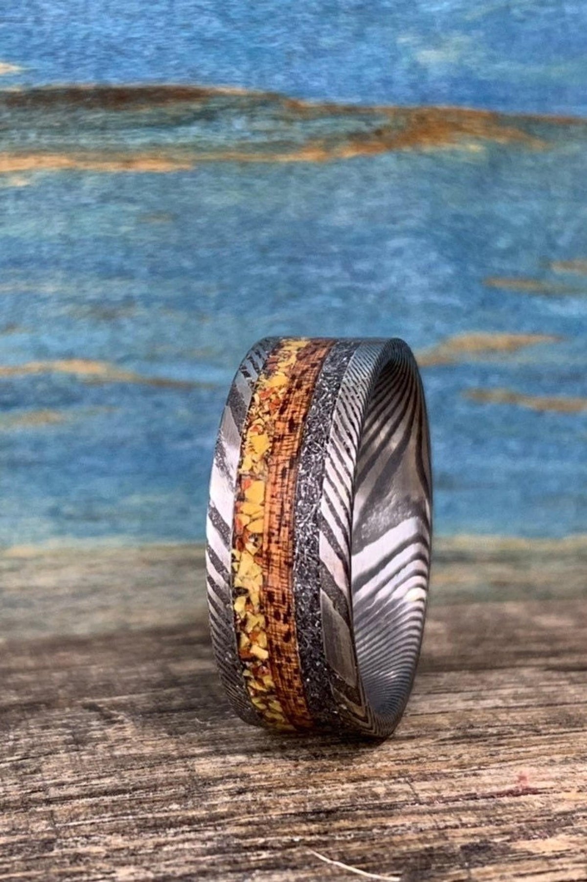 Damascus Steel Ring with Koa, Meteorite and Dinosaur Bone Inlay - Men's Wedding Band