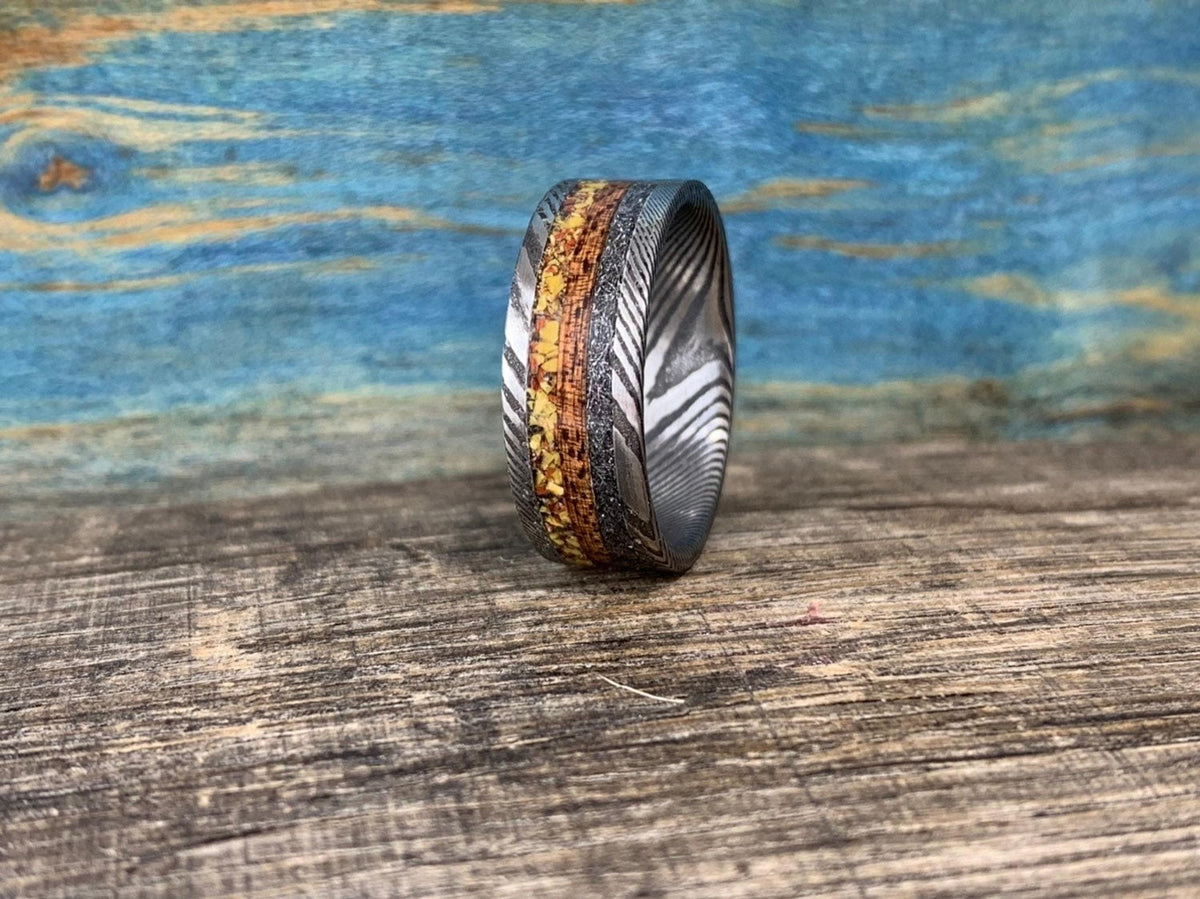 Damascus Steel Ring with Koa, Meteorite and Dinosaur Bone Inlay - Men's Wedding Band