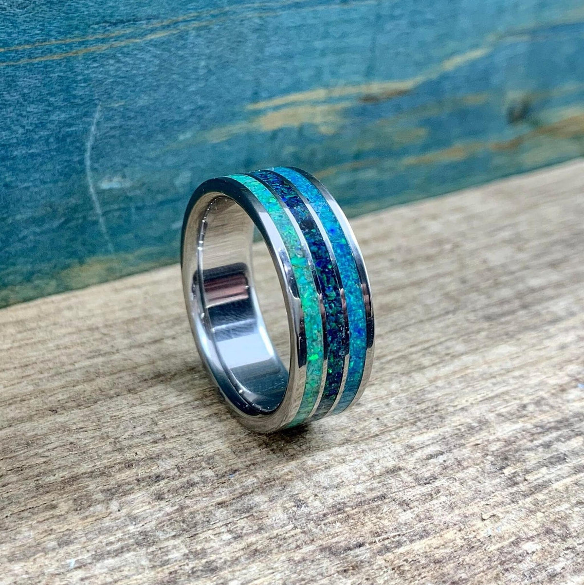 Men's Titanium Ring with Blue Opal Inlay - Custom Engraved Wedding Band