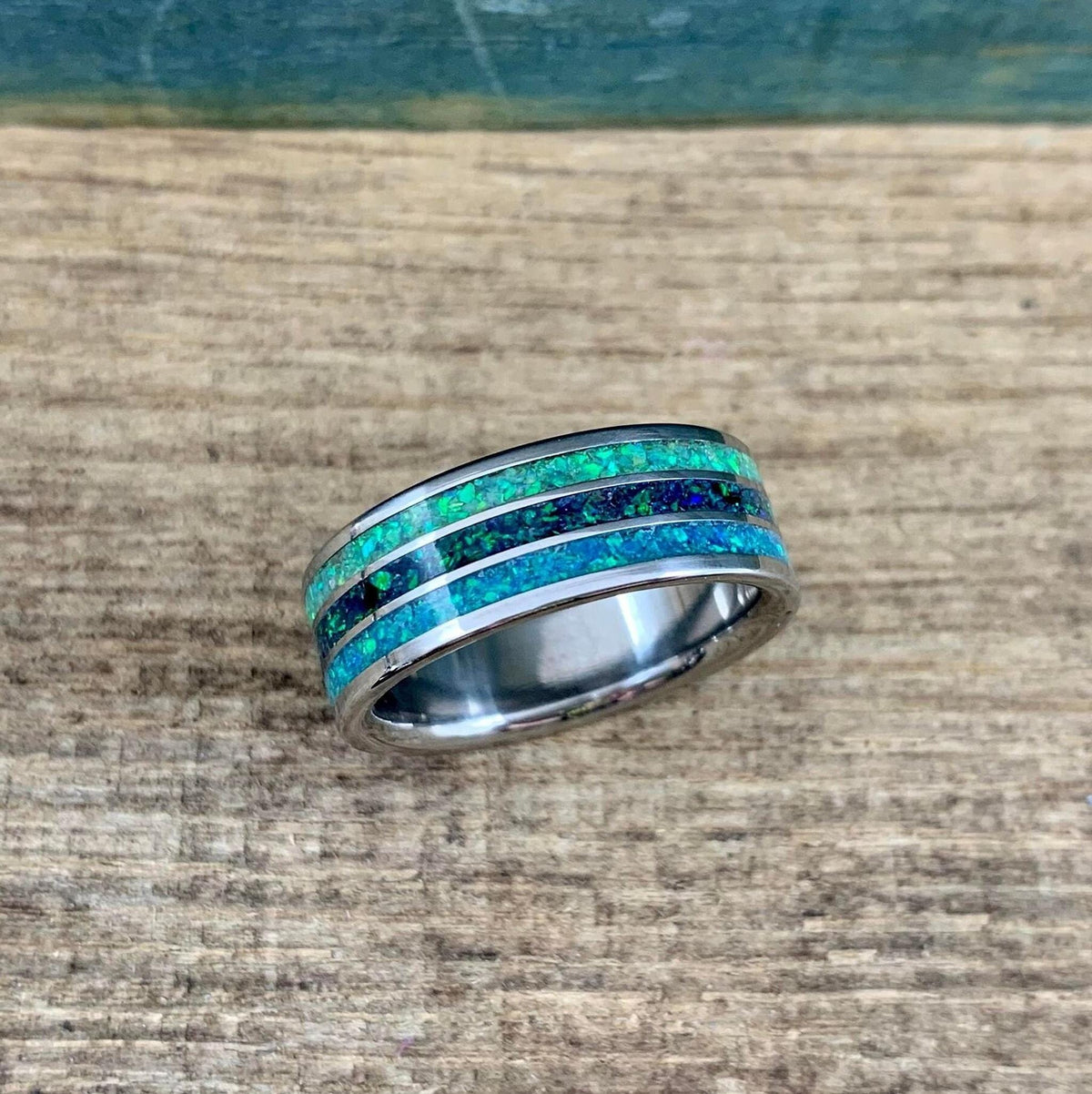 Men's Titanium Ring with Blue Opal Inlay - Custom Engraved Wedding Band