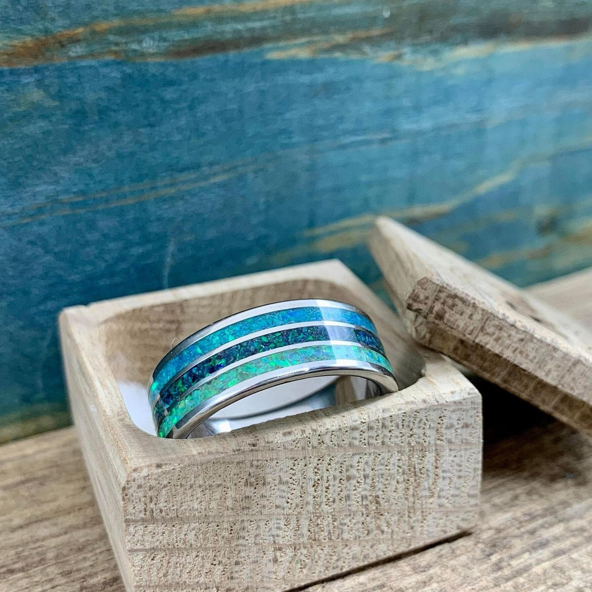Men's Titanium Ring with Blue Opal Inlay - Custom Engraved Wedding Band