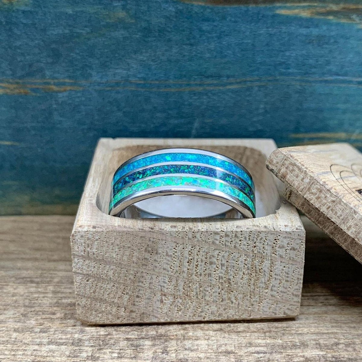 Men's Titanium Ring with Blue Opal Inlay - Custom Engraved Wedding Band
