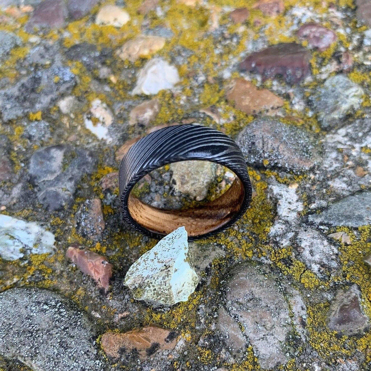 Damascus Steel Ring with Zebra Wood Inlay - Custom Wedding Band for Men