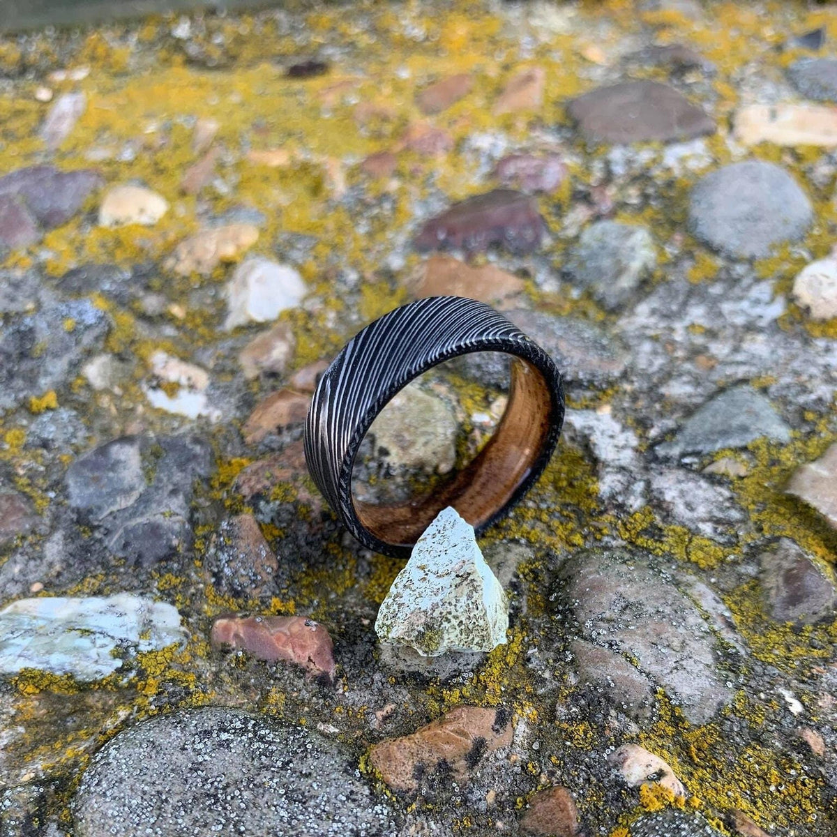 Damascus Steel Ring with Zebra Wood Inlay - Custom Wedding Band for Men