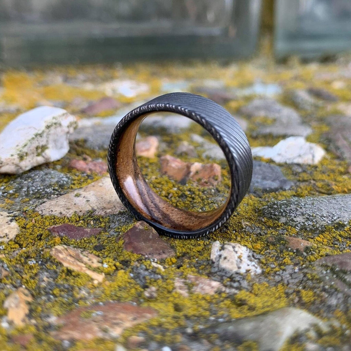 Damascus Steel Ring with Zebra Wood Inlay - Custom Wedding Band for Men