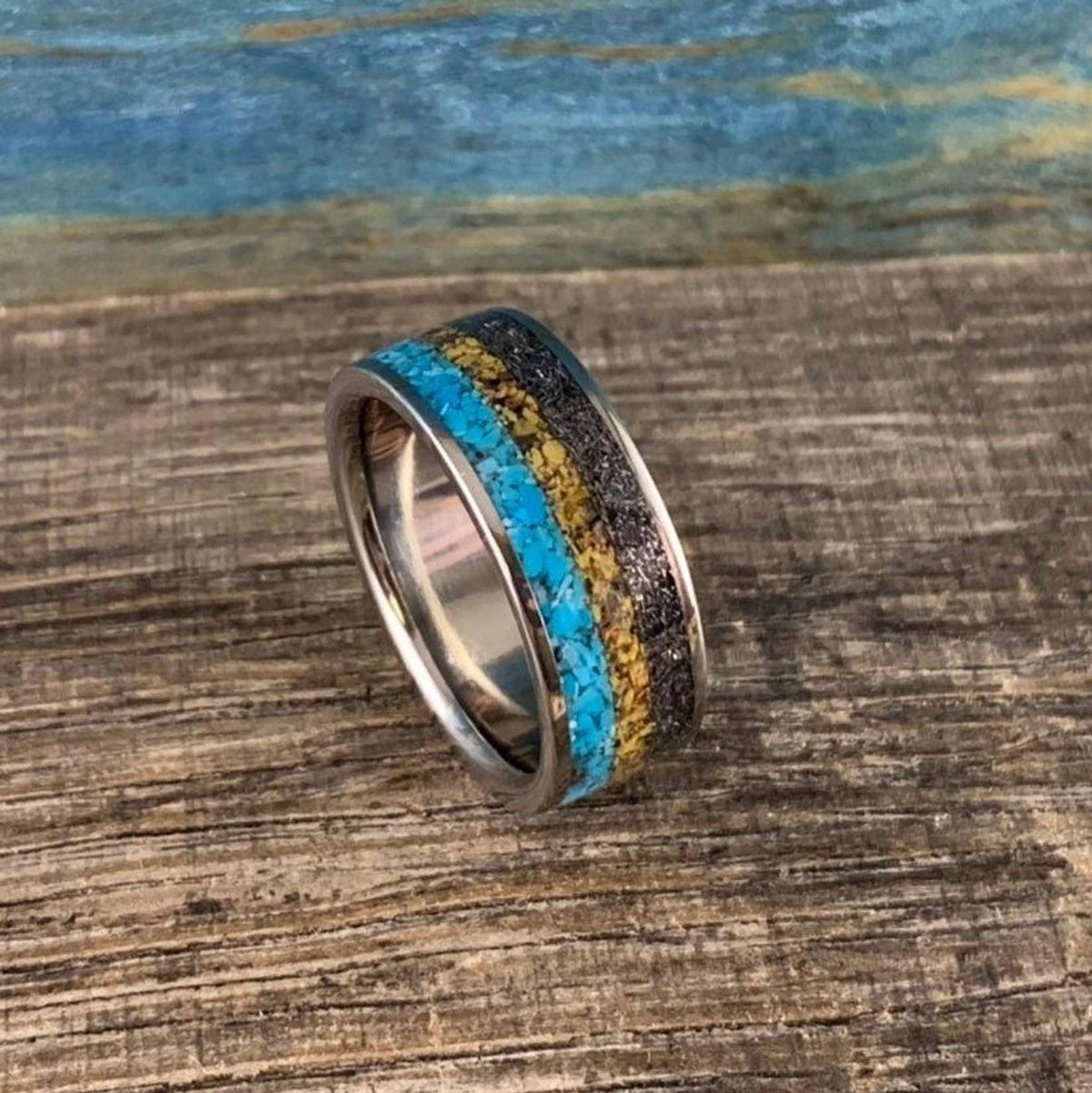 Meteorite Ring with Dinosaur Bone Inlay and Turquoise - Titanium Band