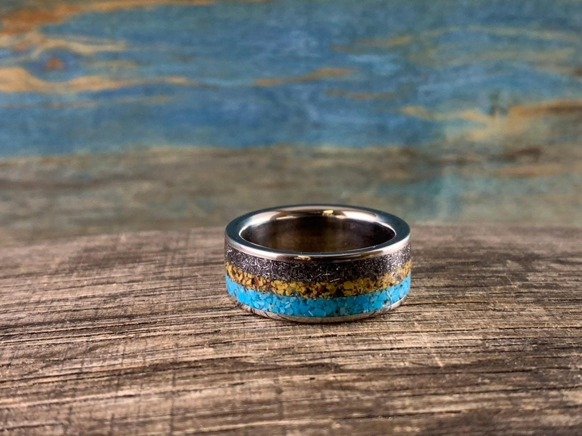 Meteorite Ring with Dinosaur Bone Inlay and Turquoise - Titanium Band