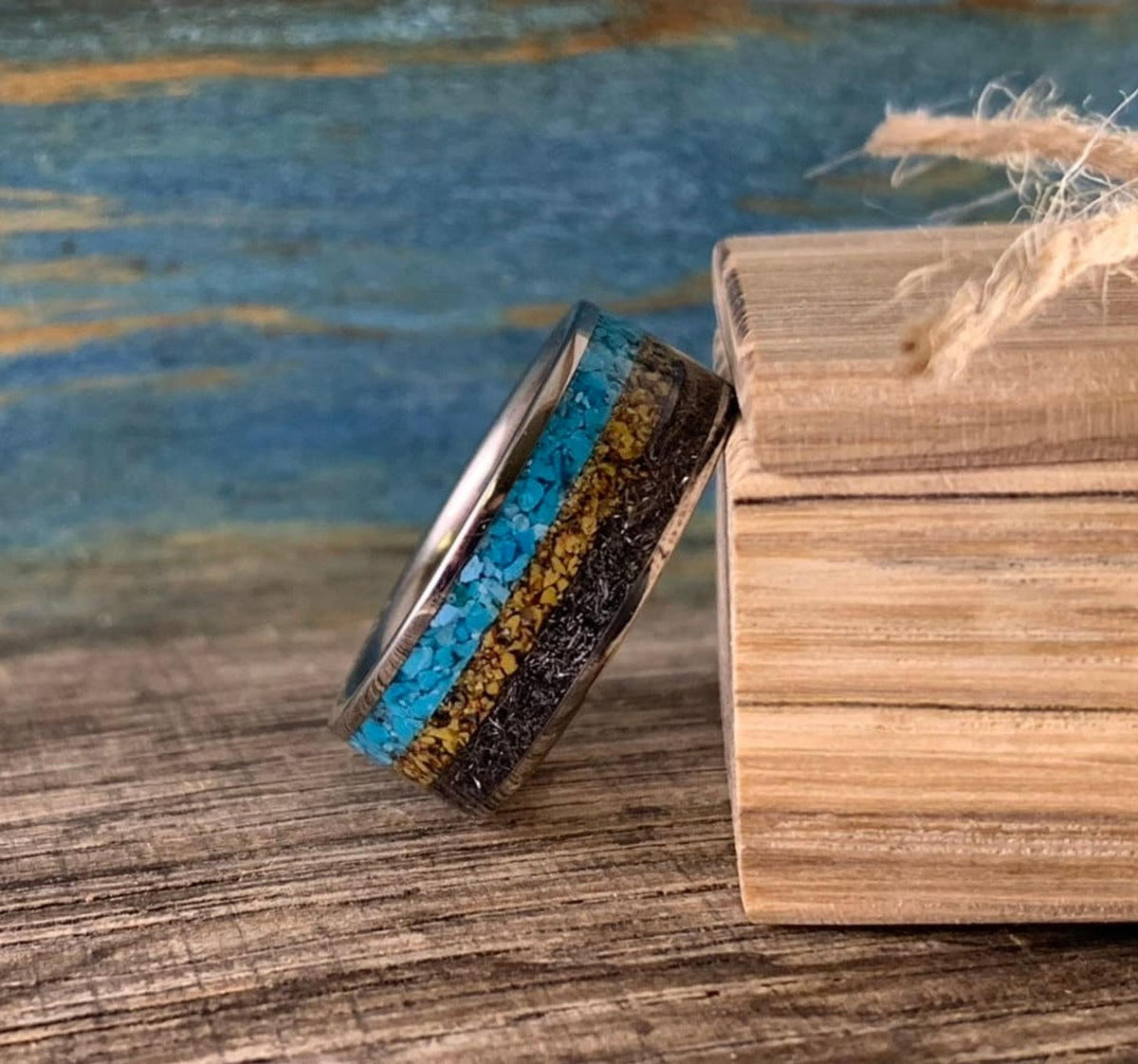 Meteorite Ring with Dinosaur Bone Inlay and Turquoise - Titanium Band