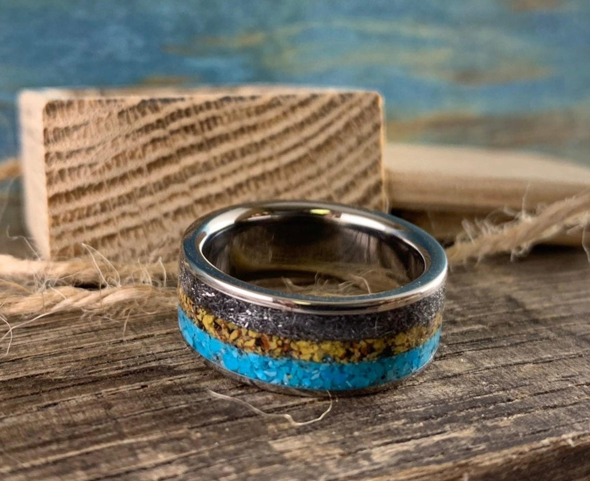 Meteorite Ring with Dinosaur Bone Inlay and Turquoise - Titanium Band