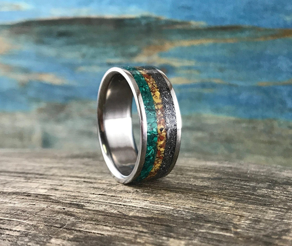 Mens Meteorite Ring with Dinosaur Bone and Malachite Inlay - Custom Titanium Wedding Band