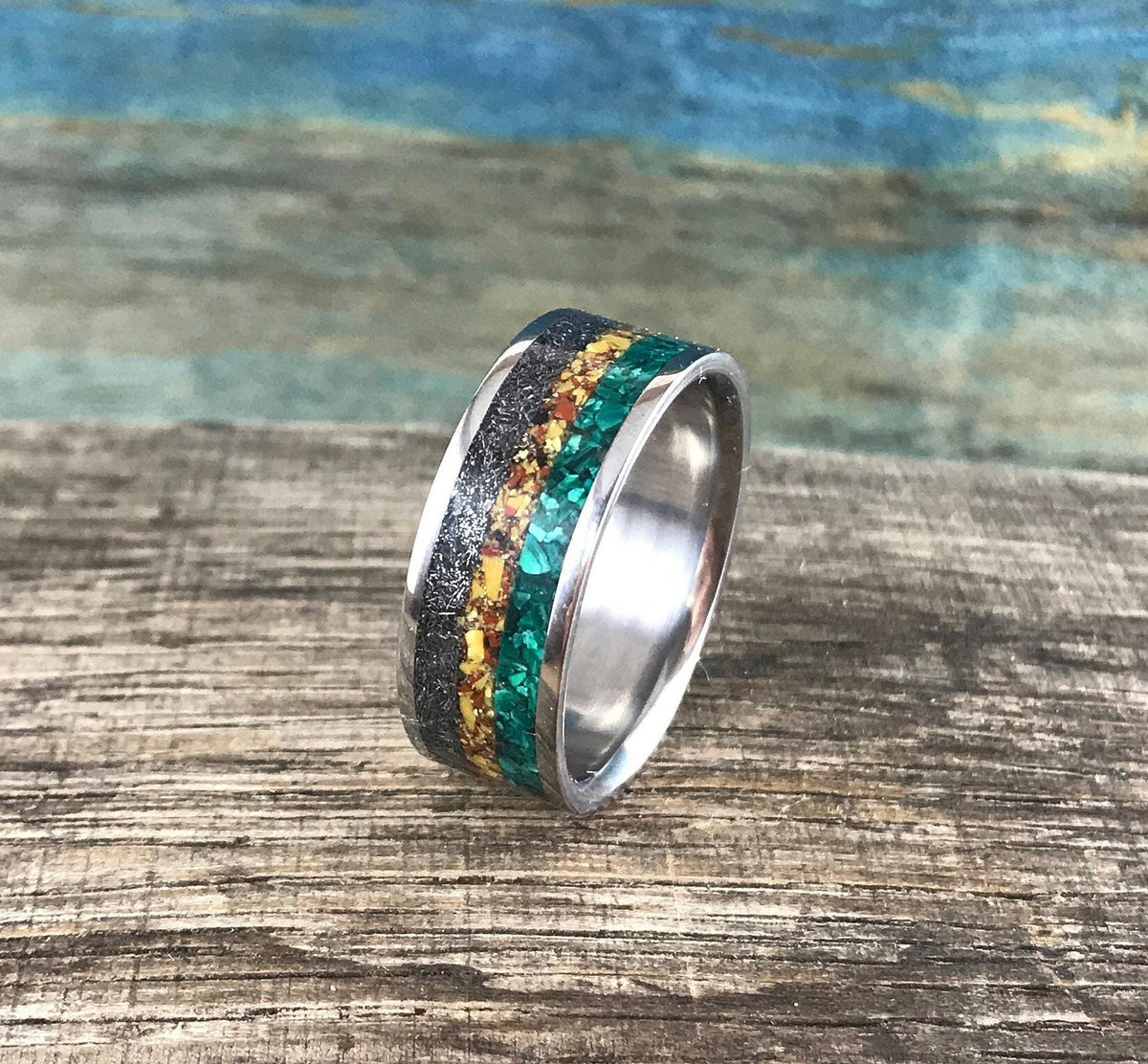 Mens Meteorite Ring with Dinosaur Bone and Malachite Inlay - Custom Titanium Wedding Band