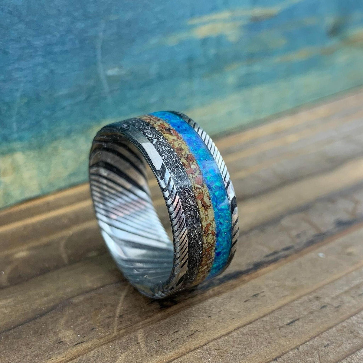 Damascus Steel Ring with Dinosaur Bone and Gibeon Meteorite Inlay
