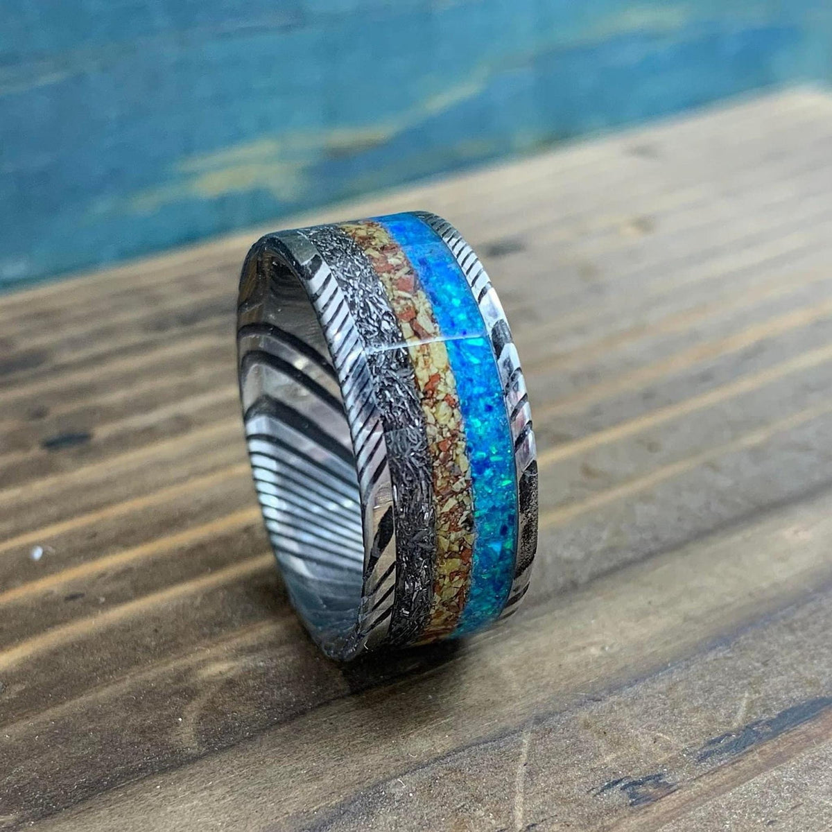 Damascus Steel Ring with Dinosaur Bone and Gibeon Meteorite Inlay