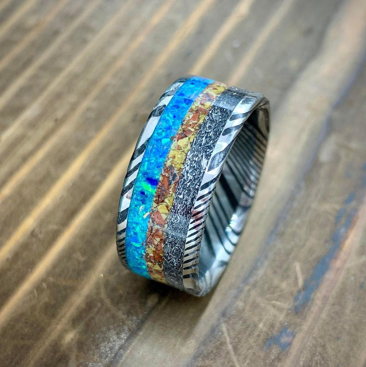 Damascus Steel Ring with Dinosaur Bone and Gibeon Meteorite Inlay