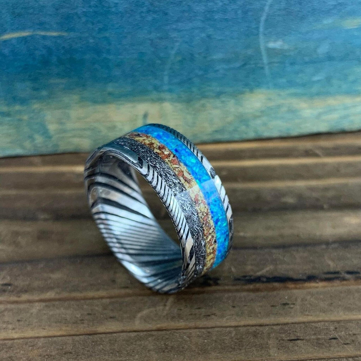 Damascus Steel Ring with Dinosaur Bone and Gibeon Meteorite Inlay