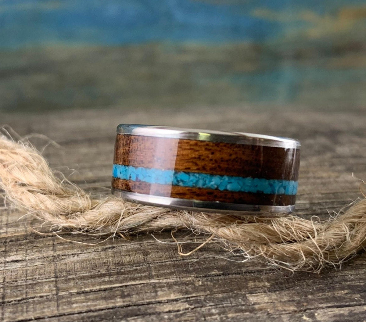 Titanium Ring Men - Custom Turquoise Wood Wedding Band