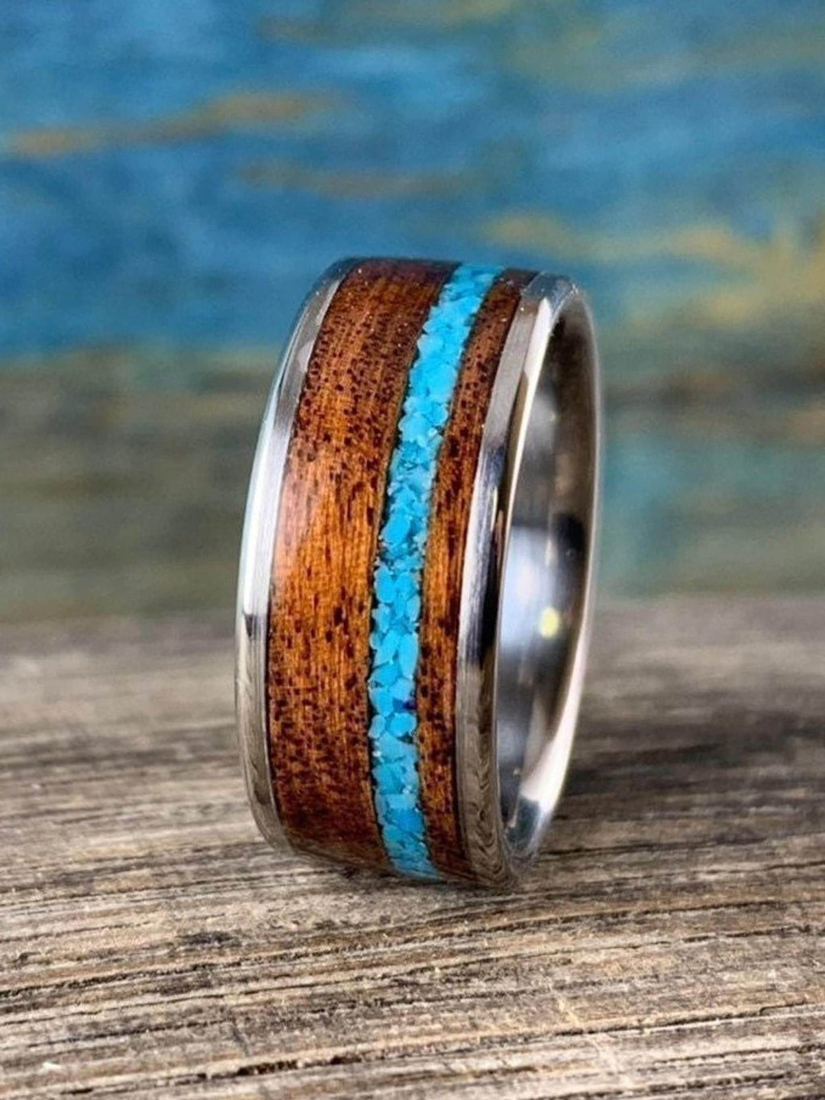Titanium Ring Men - Custom Turquoise Wood Wedding Band