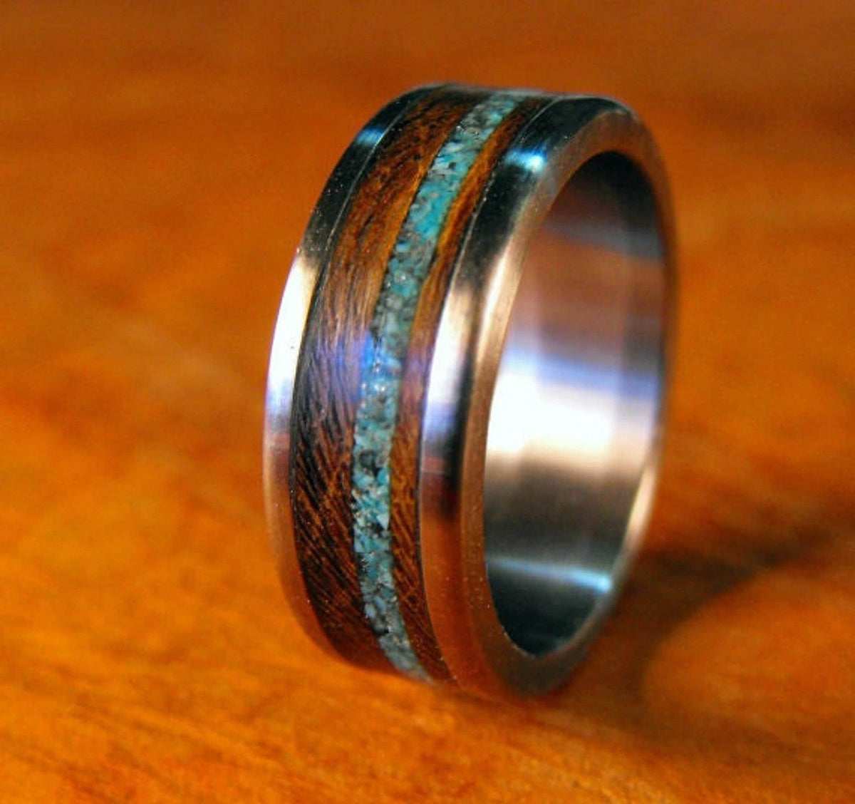 Titanium Ring Men - Custom Turquoise Wood Wedding Band