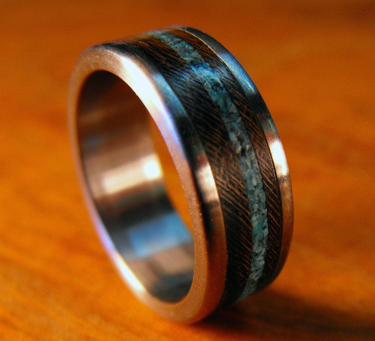 Titanium Ring Men - Custom Turquoise Wood Wedding Band