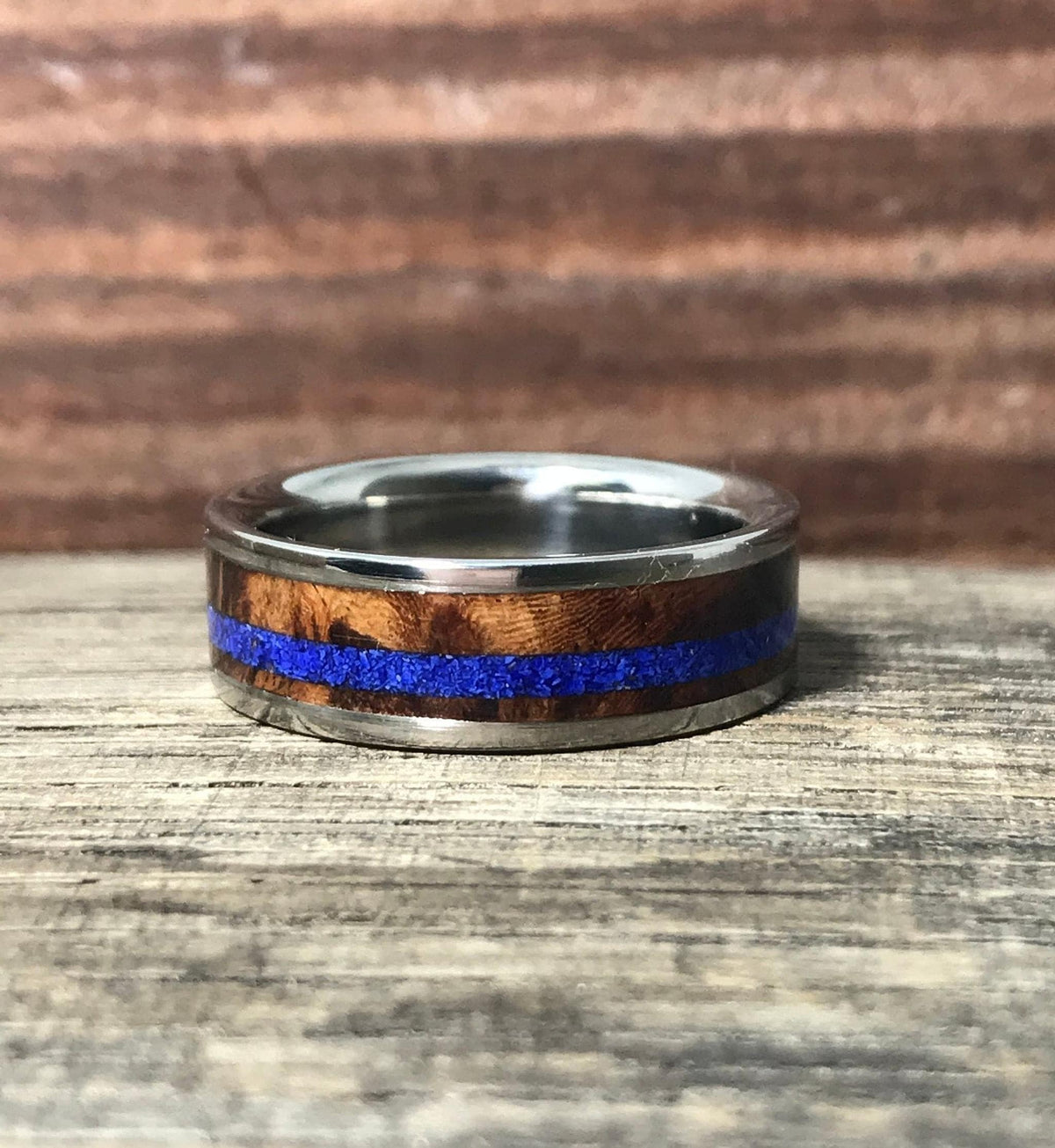 Mens Titanium Ring with Amboyna Burl and Lapis Lazuli Inlay - Men's Wedding Band