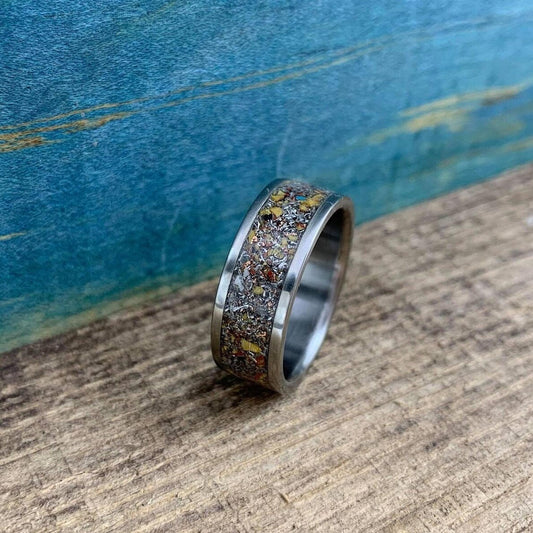 Meteorite Ring with Dinosaur Bone Inlay - Titanium Men's Wedding Band - Engraved