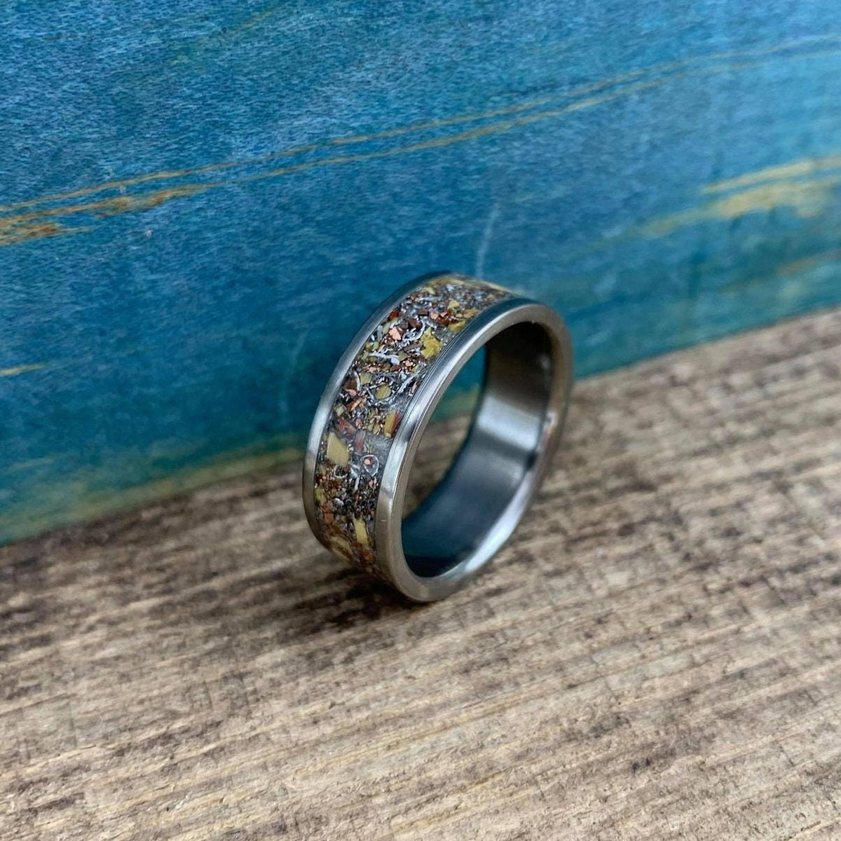 Meteorite Ring with Dinosaur Bone Inlay - Titanium Men's Wedding Band - Engraved