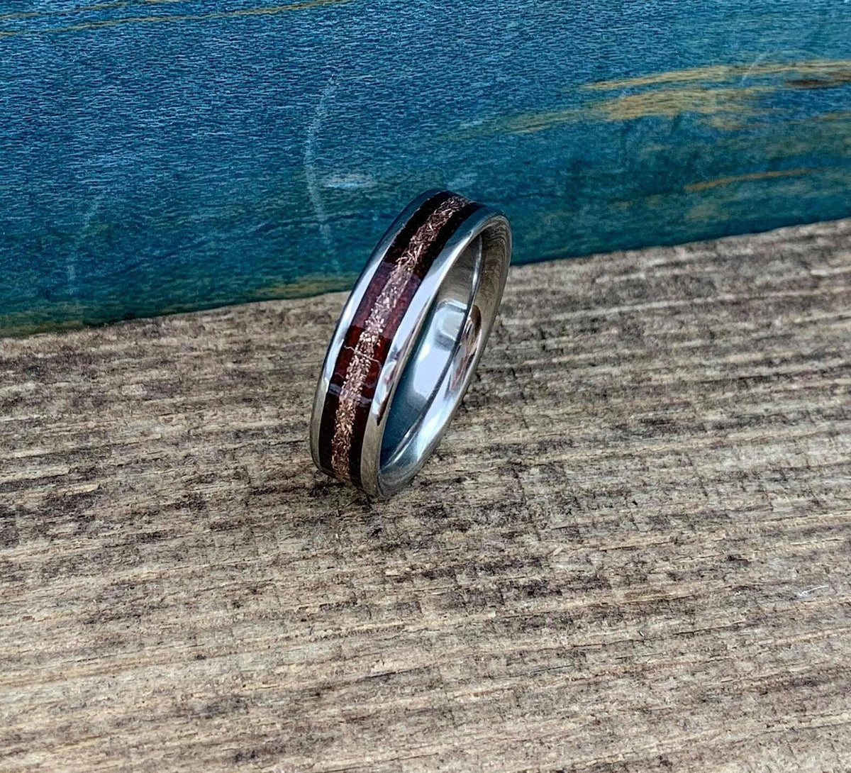 Rose Gold Wedding Band with Rosewood Inlay - Titanium Ring - Engraved