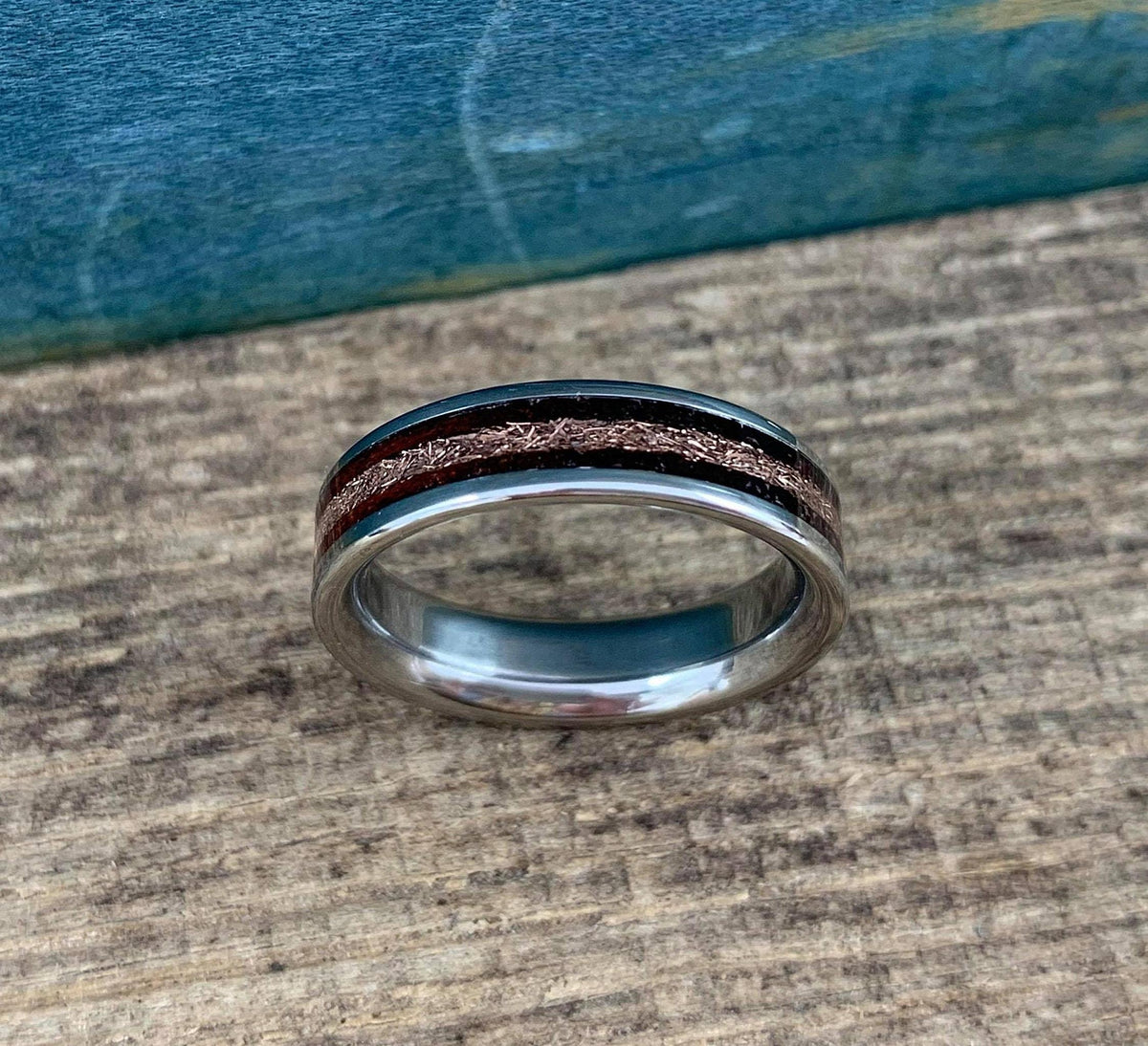 Rose Gold Wedding Band with Rosewood Inlay - Titanium Ring - Engraved