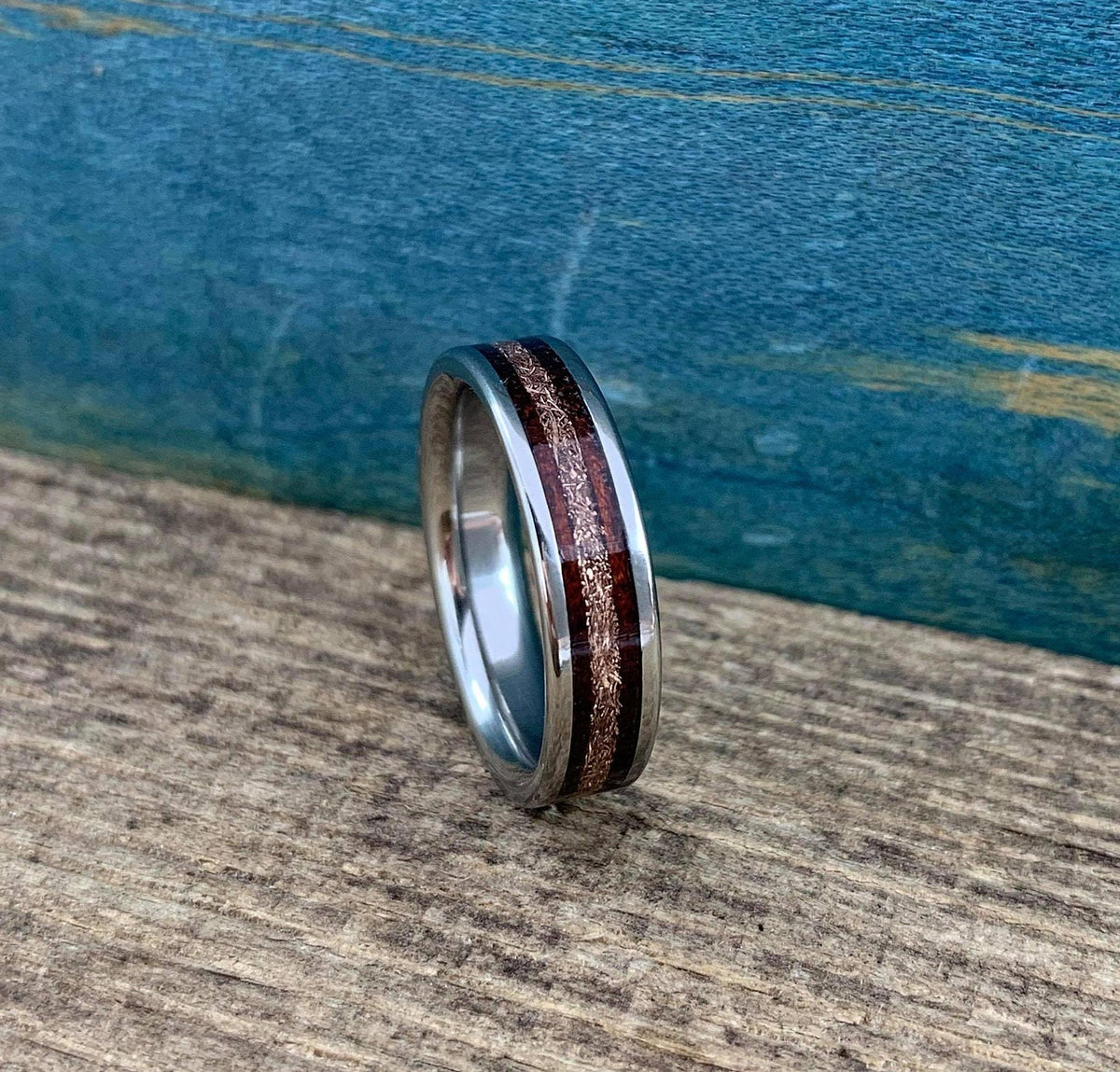 Rose Gold Wedding Band with Rosewood Inlay - Titanium Ring - Engraved