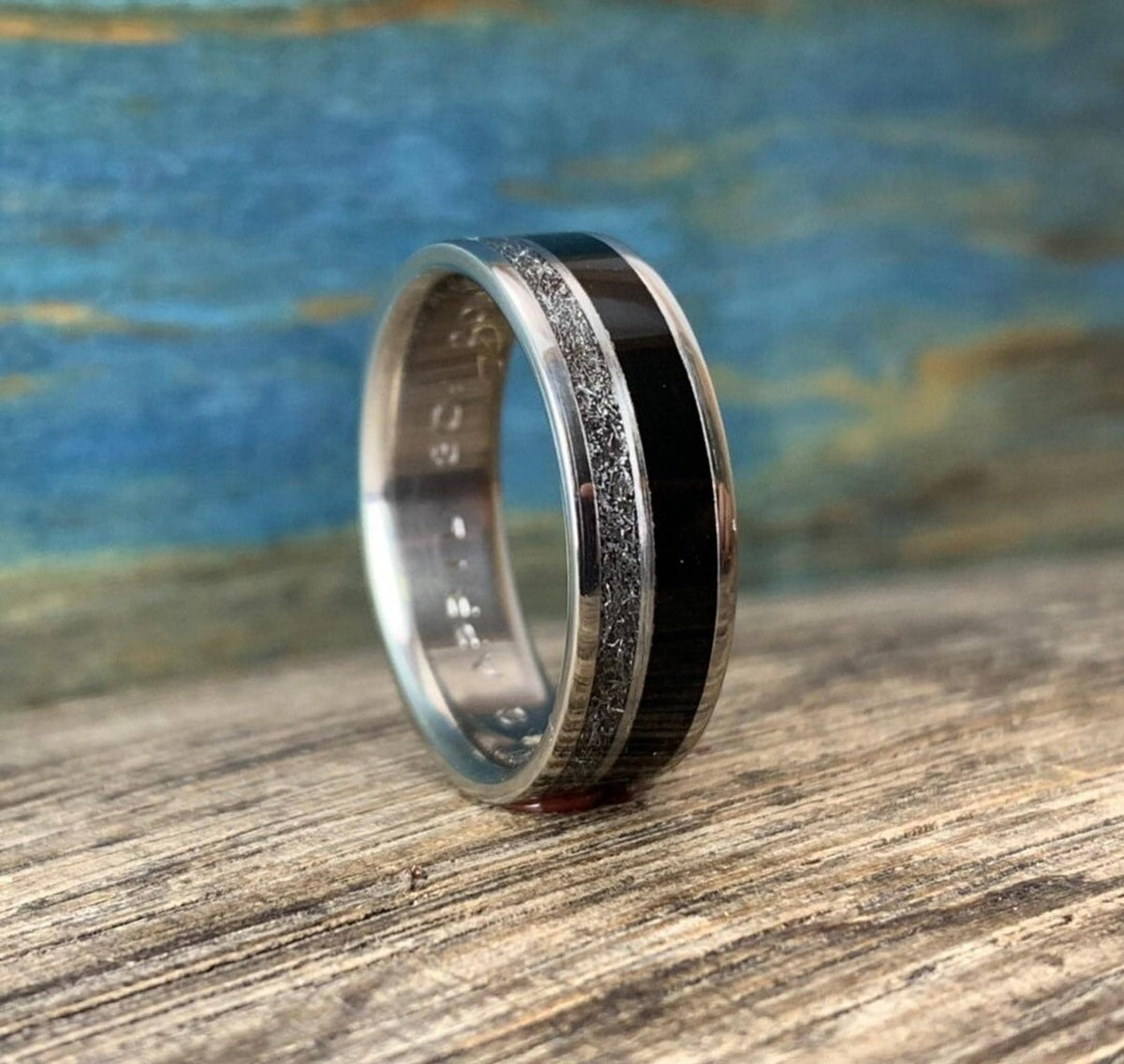 Mens Meteorite Ring with Ebony Inlay - Custom Made Titanium Wedding Band