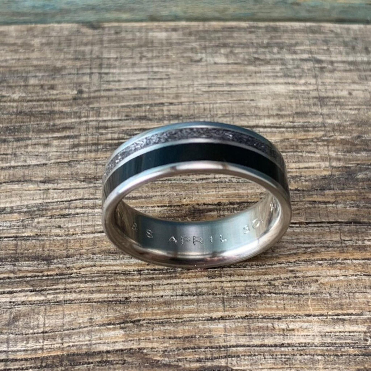 Mens Meteorite Ring with Ebony Inlay - Custom Made Titanium Wedding Band