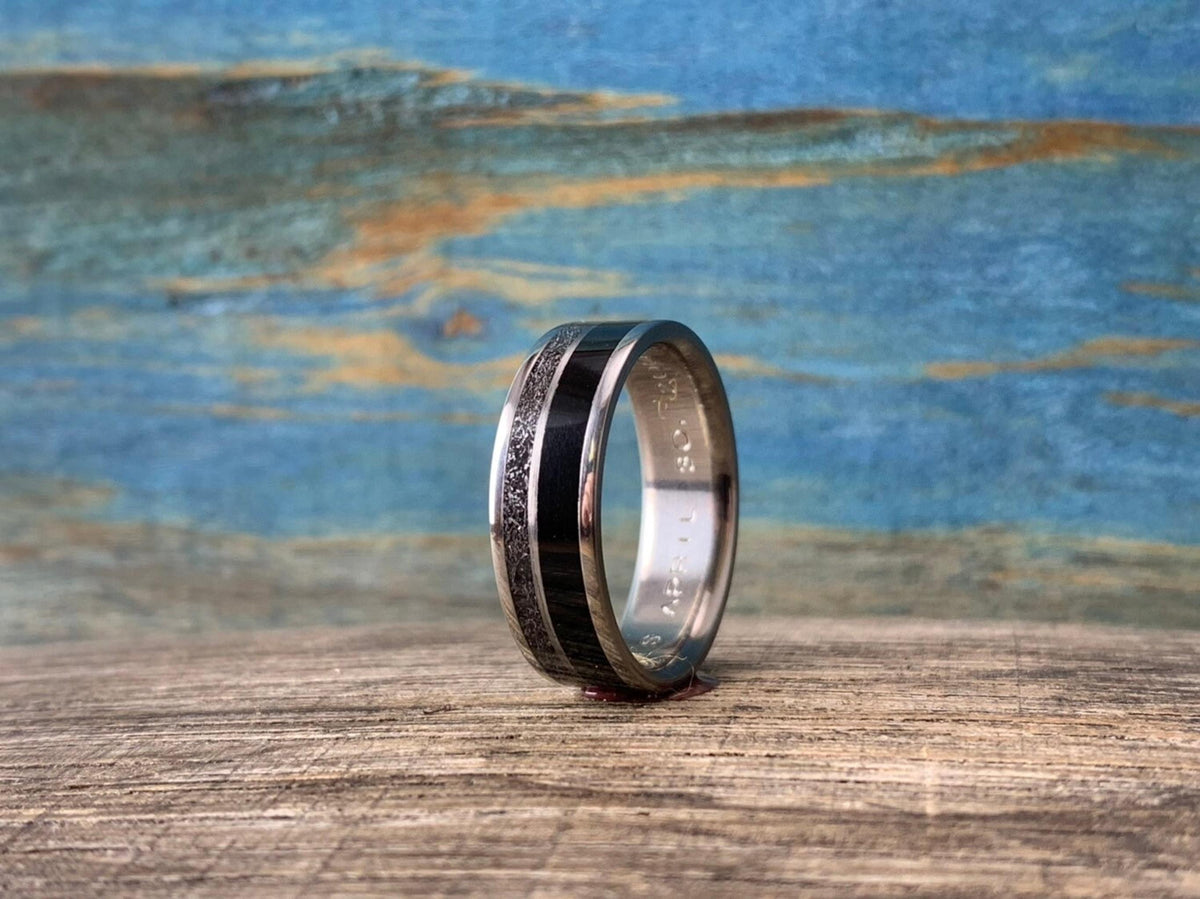 Mens Meteorite Ring with Ebony Inlay - Custom Made Titanium Wedding Band