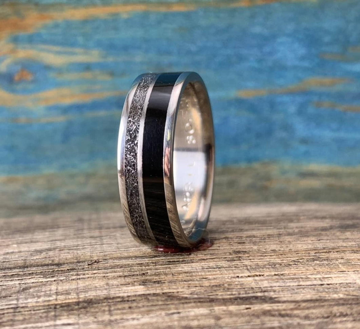 Mens Meteorite Ring with Ebony Inlay - Custom Made Titanium Wedding Band