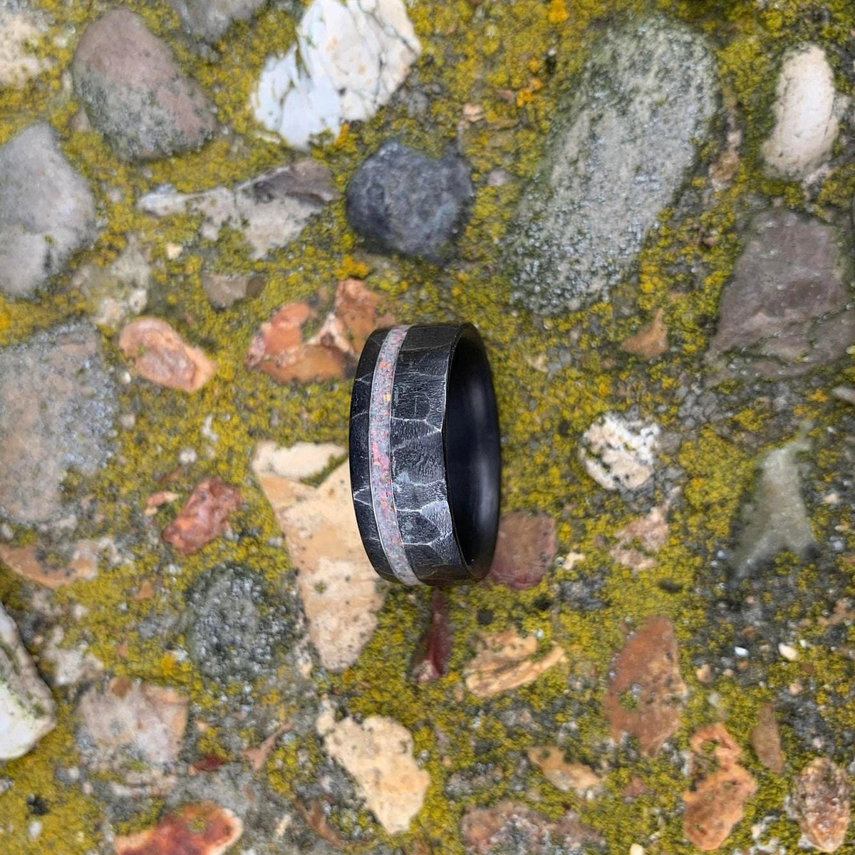 Men's Titanium Ring with White Fire Opal Inlay - Custom Wedding Band