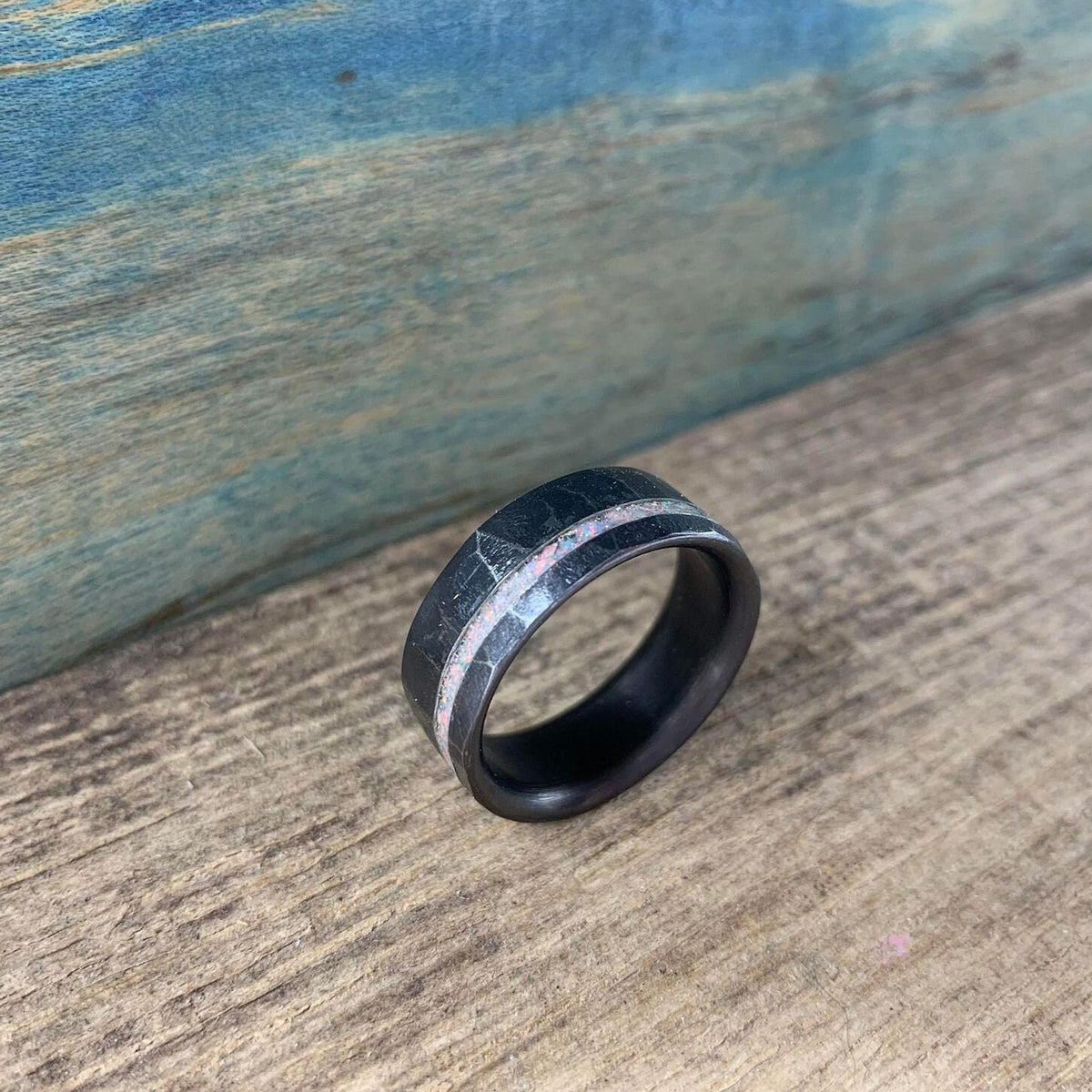 Men's Titanium Ring with White Fire Opal Inlay - Custom Wedding Band