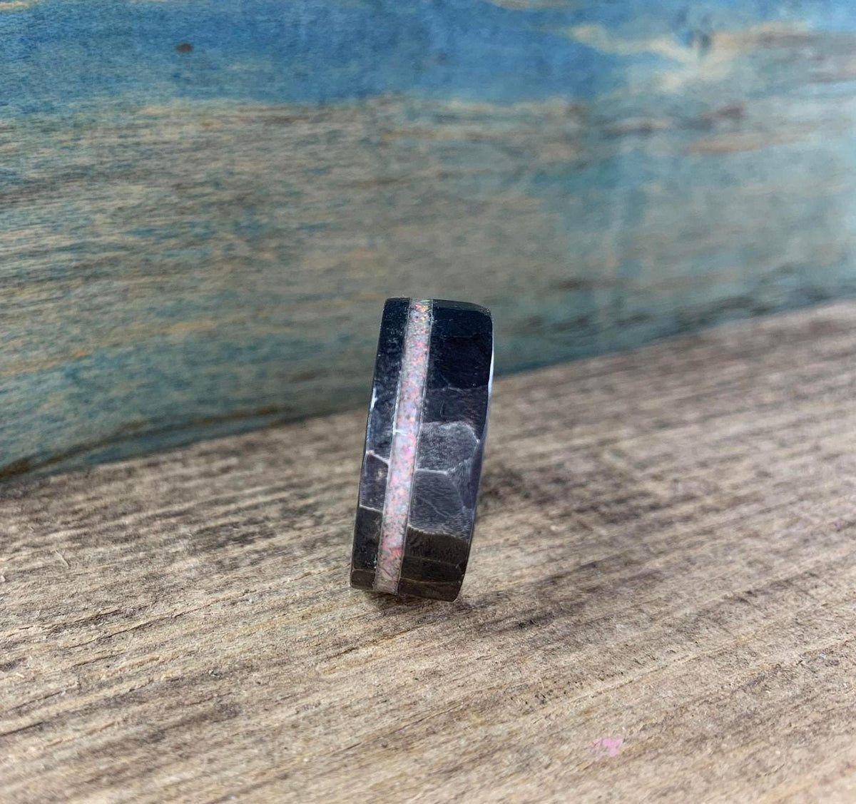 Men's Titanium Ring with White Fire Opal Inlay - Custom Wedding Band