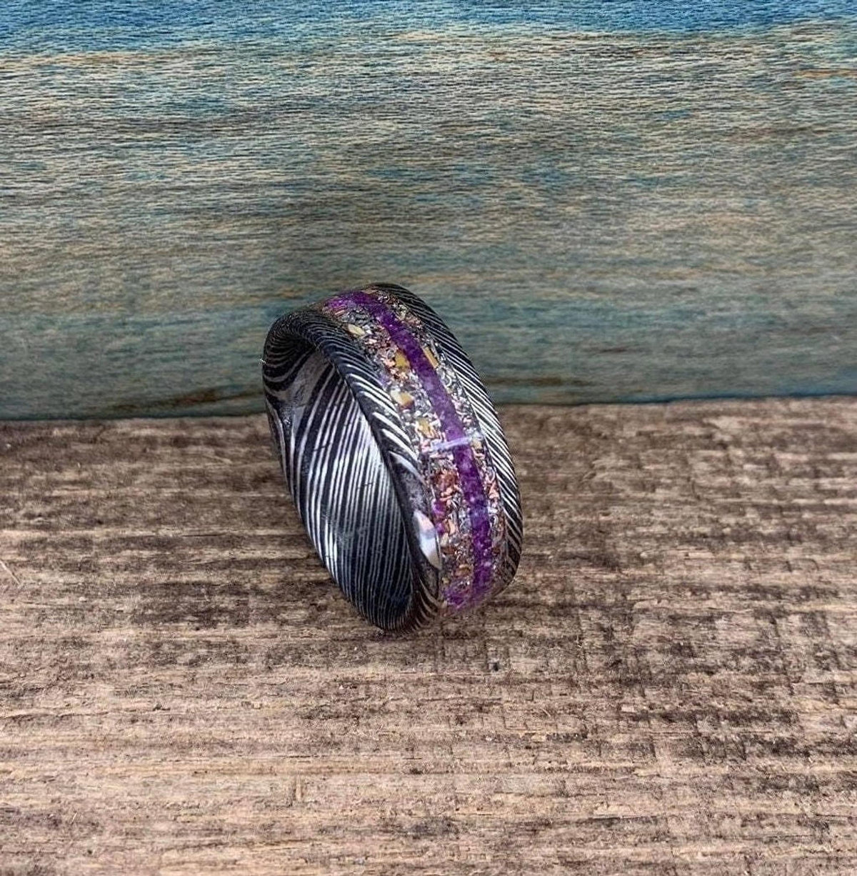 Damascus Steel Ring with Dinosaur Bone and Meteorite Inlay -  Men's Wedding Band