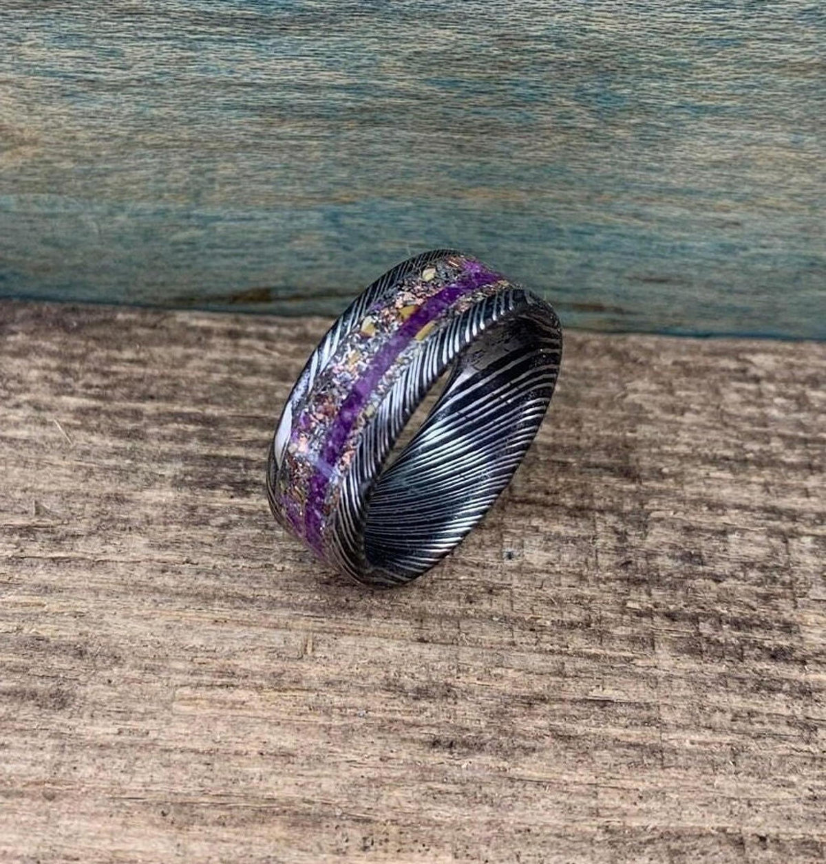 Damascus Steel Ring with Dinosaur Bone and Meteorite Inlay -  Men's Wedding Band