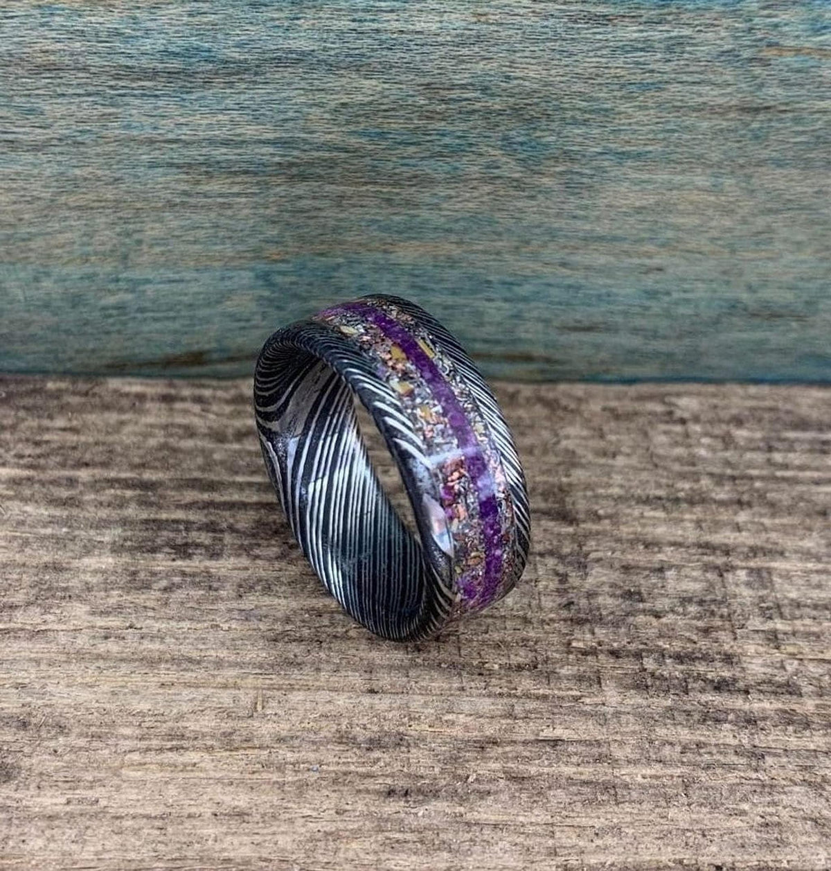 Damascus Steel Ring with Dinosaur Bone and Meteorite Inlay -  Men's Wedding Band