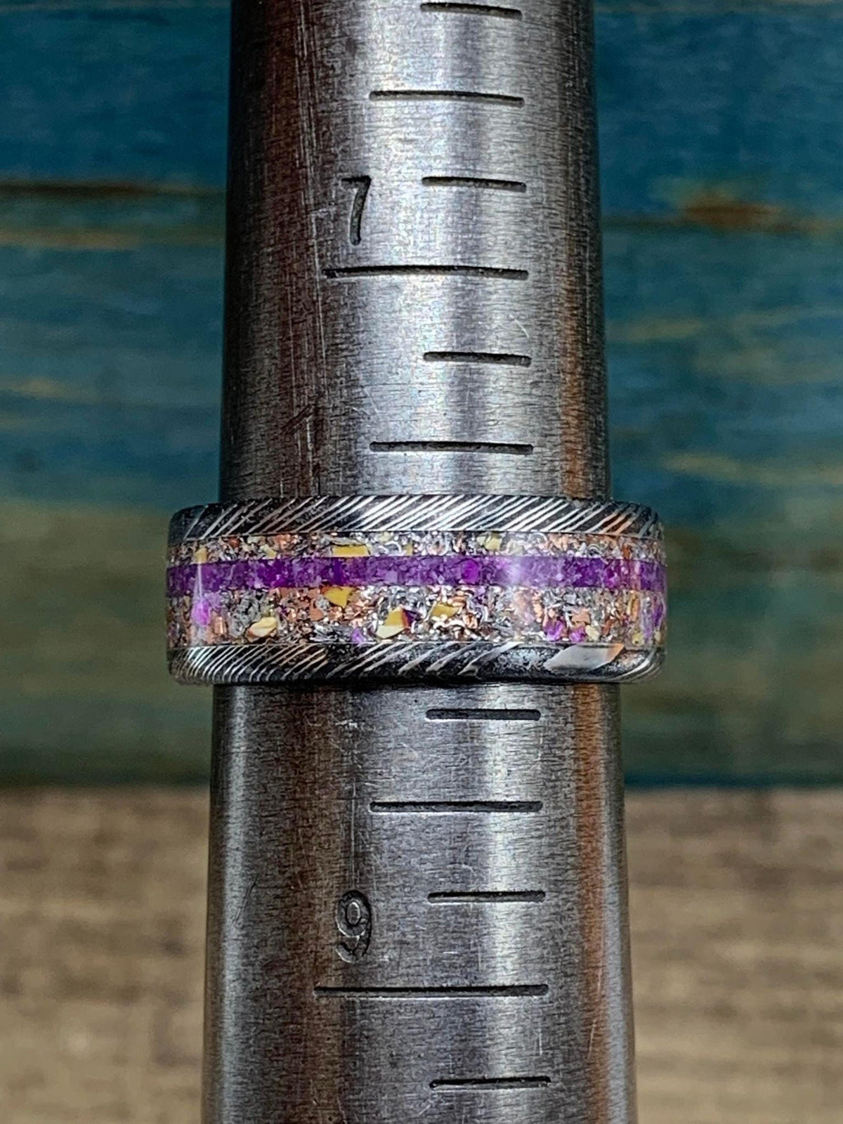 Damascus Steel Ring with Dinosaur Bone and Meteorite Inlay -  Men's Wedding Band