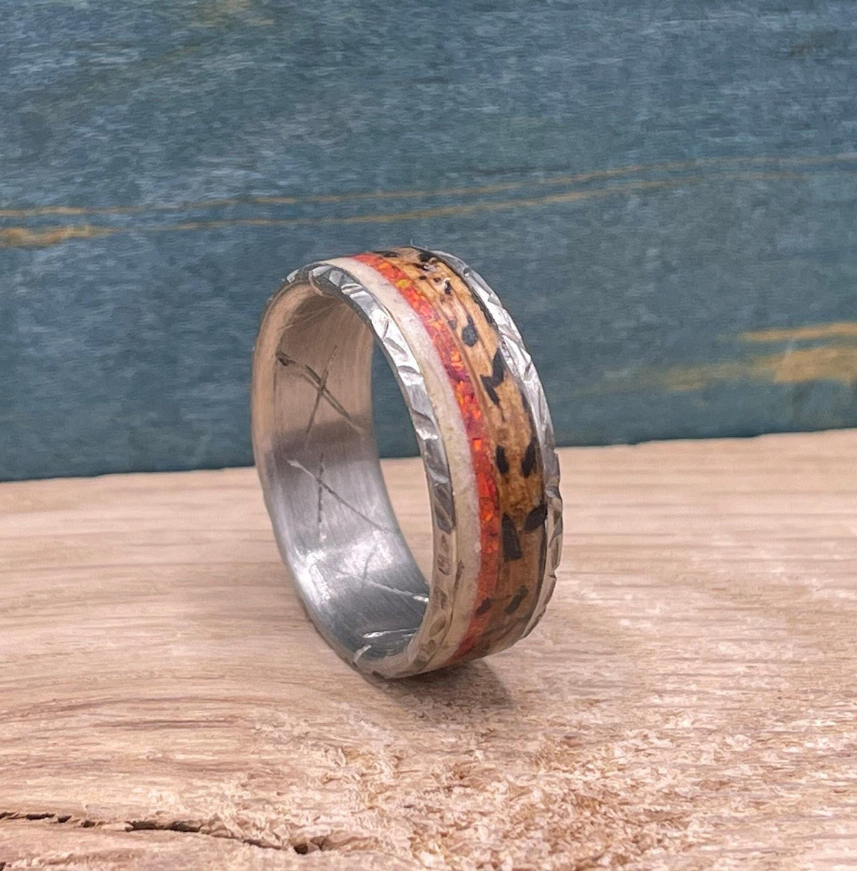 titanium ring with oak wood inlay, oak wood ring, opal ring, men's ring, deer antler ring, handmade jewelry