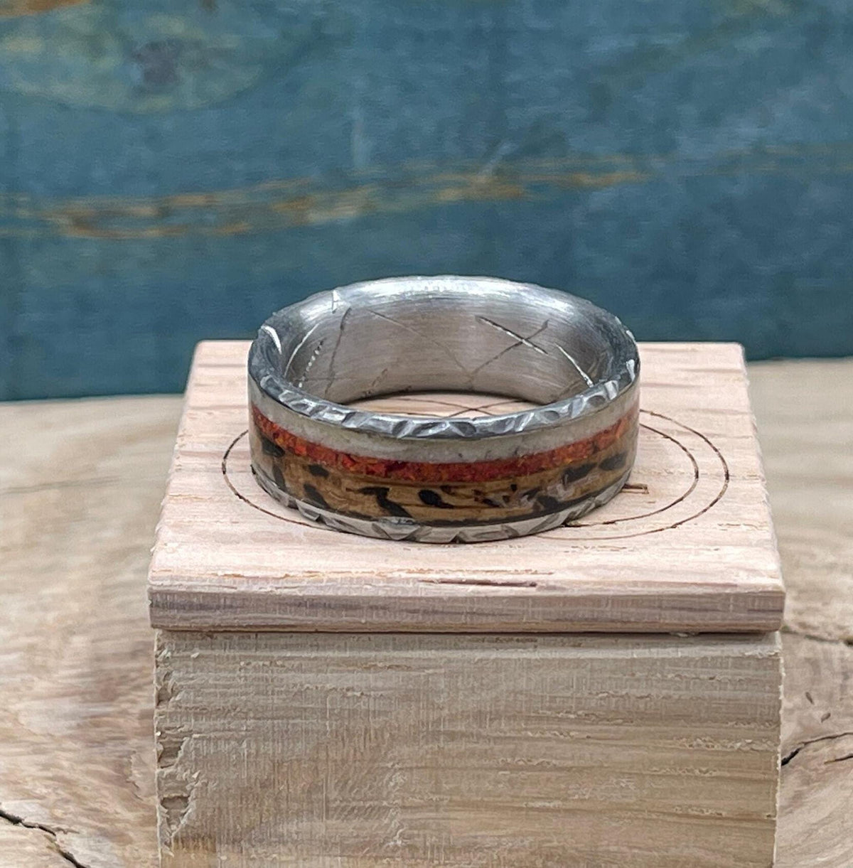 titanium ring with oak wood inlay, oak wood ring, opal ring, men's ring, deer antler ring, handmade jewelry