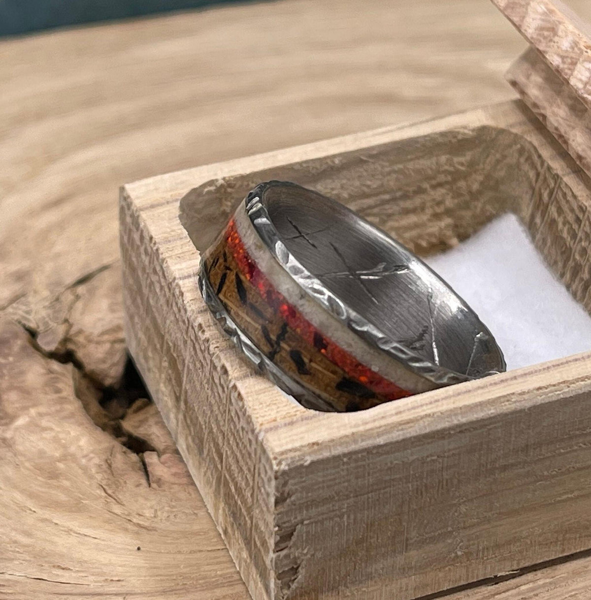 titanium ring with oak wood inlay, oak wood ring, opal ring, men's ring, deer antler ring, handmade jewelry