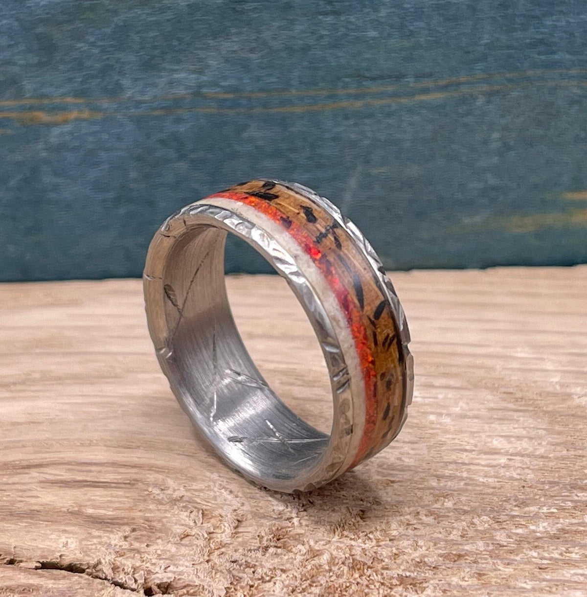 titanium ring with oak wood inlay, oak wood ring, opal ring, men's ring, deer antler ring, handmade jewelry