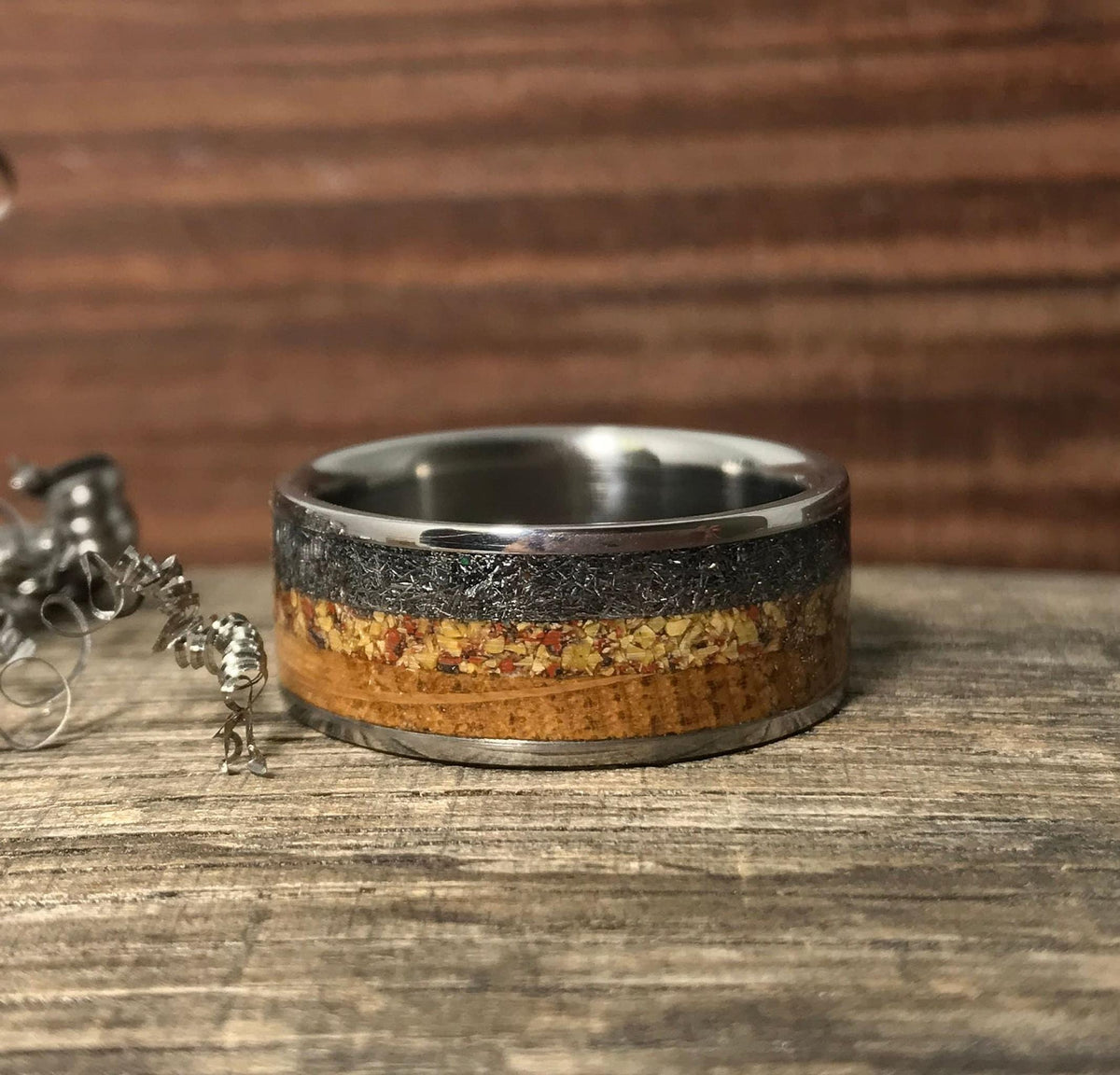 Dinosaur Bone Ring with Meteorite and Whiskey Barrel Wood - Titanium, Engraved