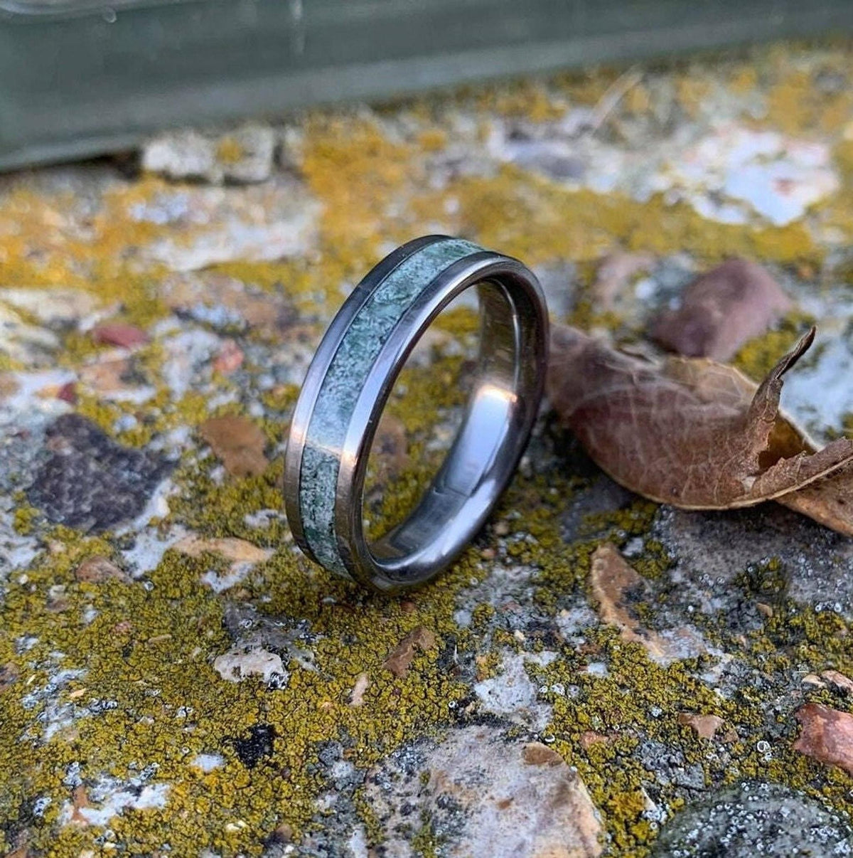 Moss Agate Ring  - Titanium Wedding Band - Engraved