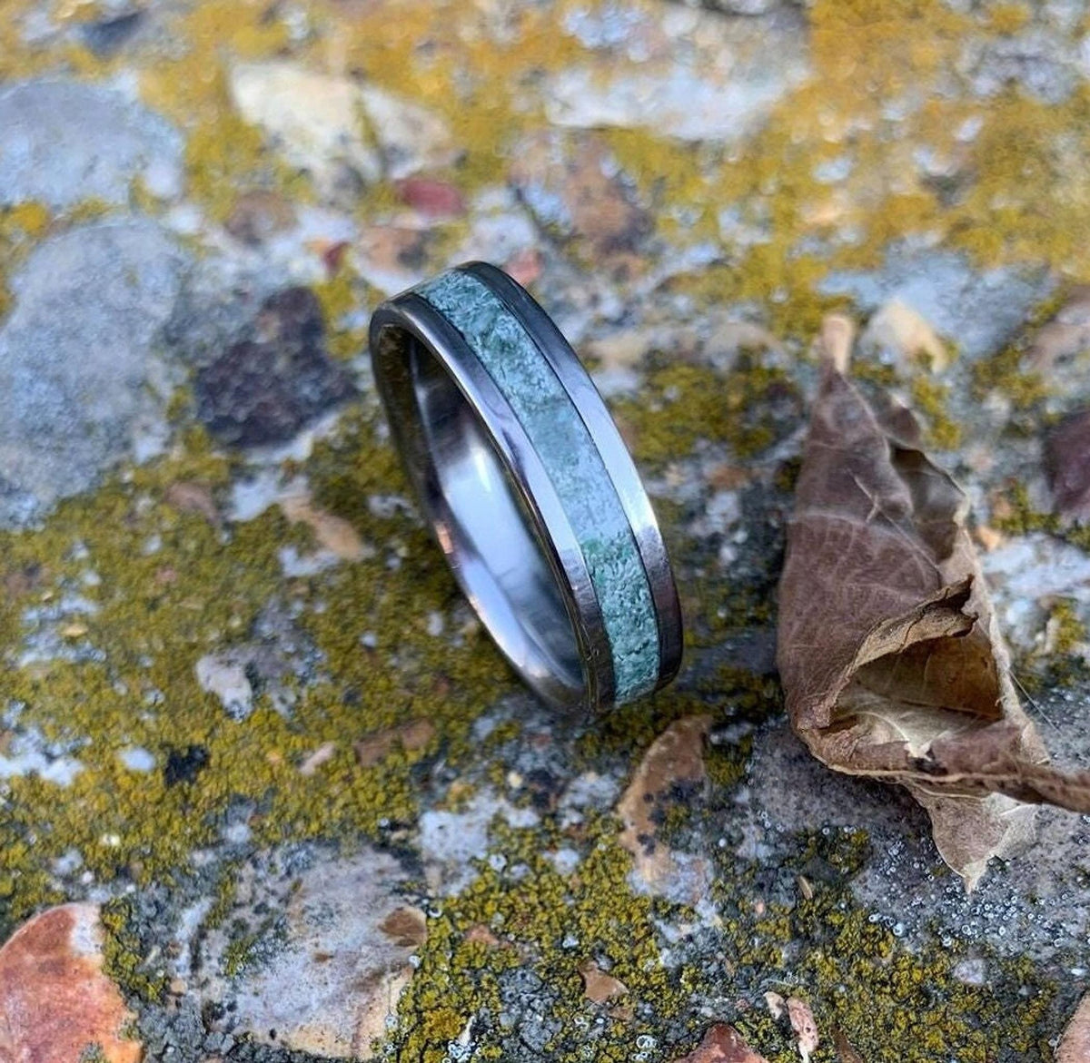 Moss Agate Ring  - Titanium Wedding Band - Engraved