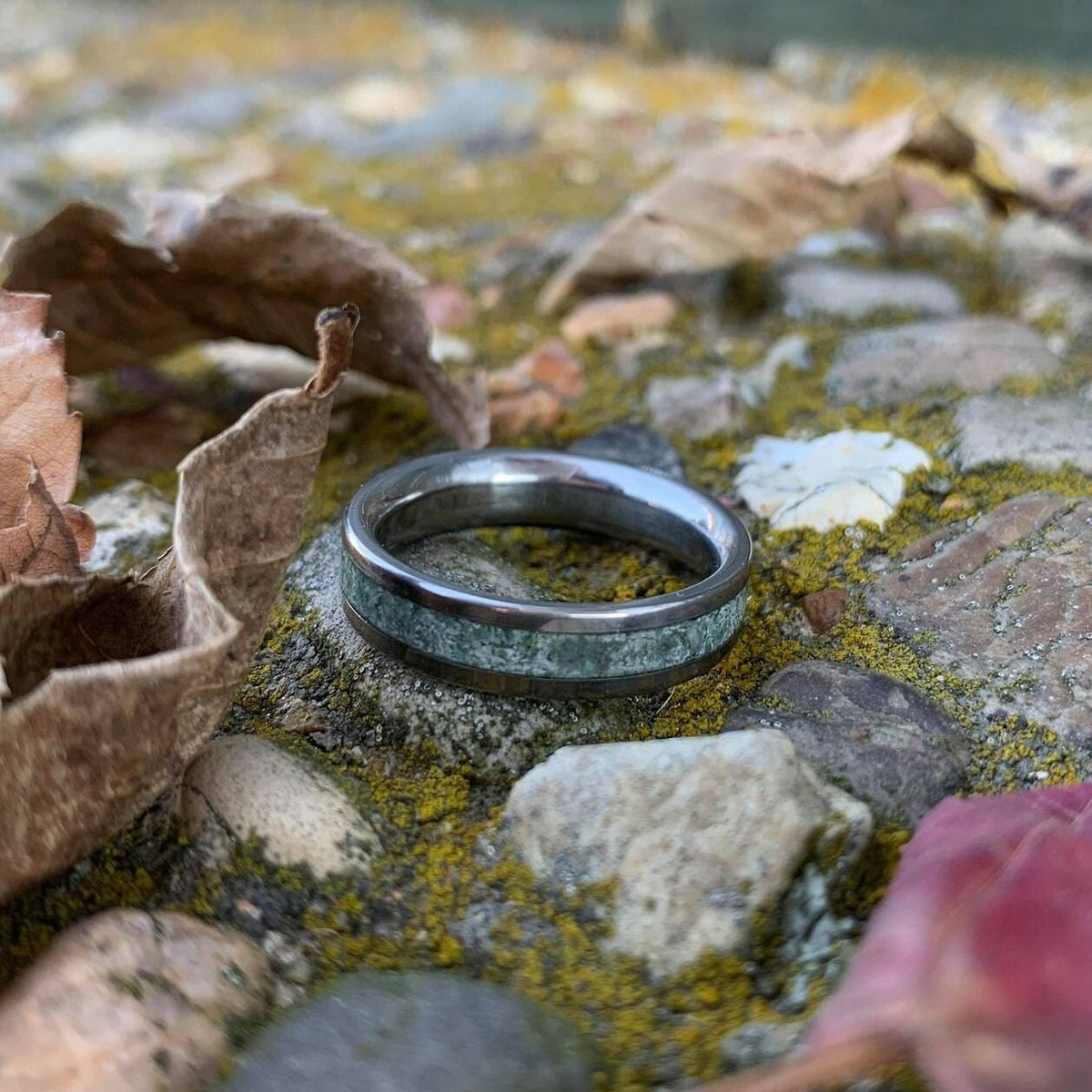 Moss Agate Ring  - Titanium Wedding Band - Engraved