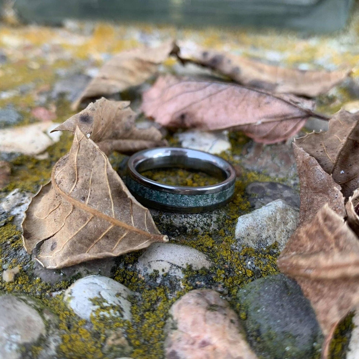 Moss Agate Ring  - Titanium Wedding Band - Engraved